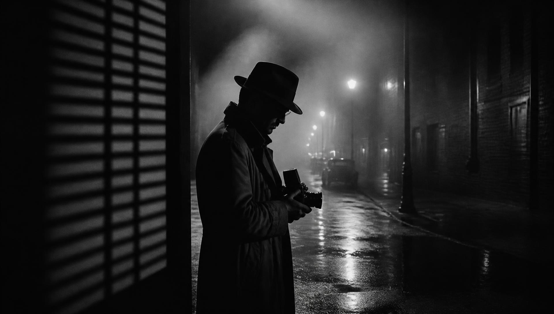 Silueta de un fotógrafo con gabardina y sombrero en una calle nocturna con niebla